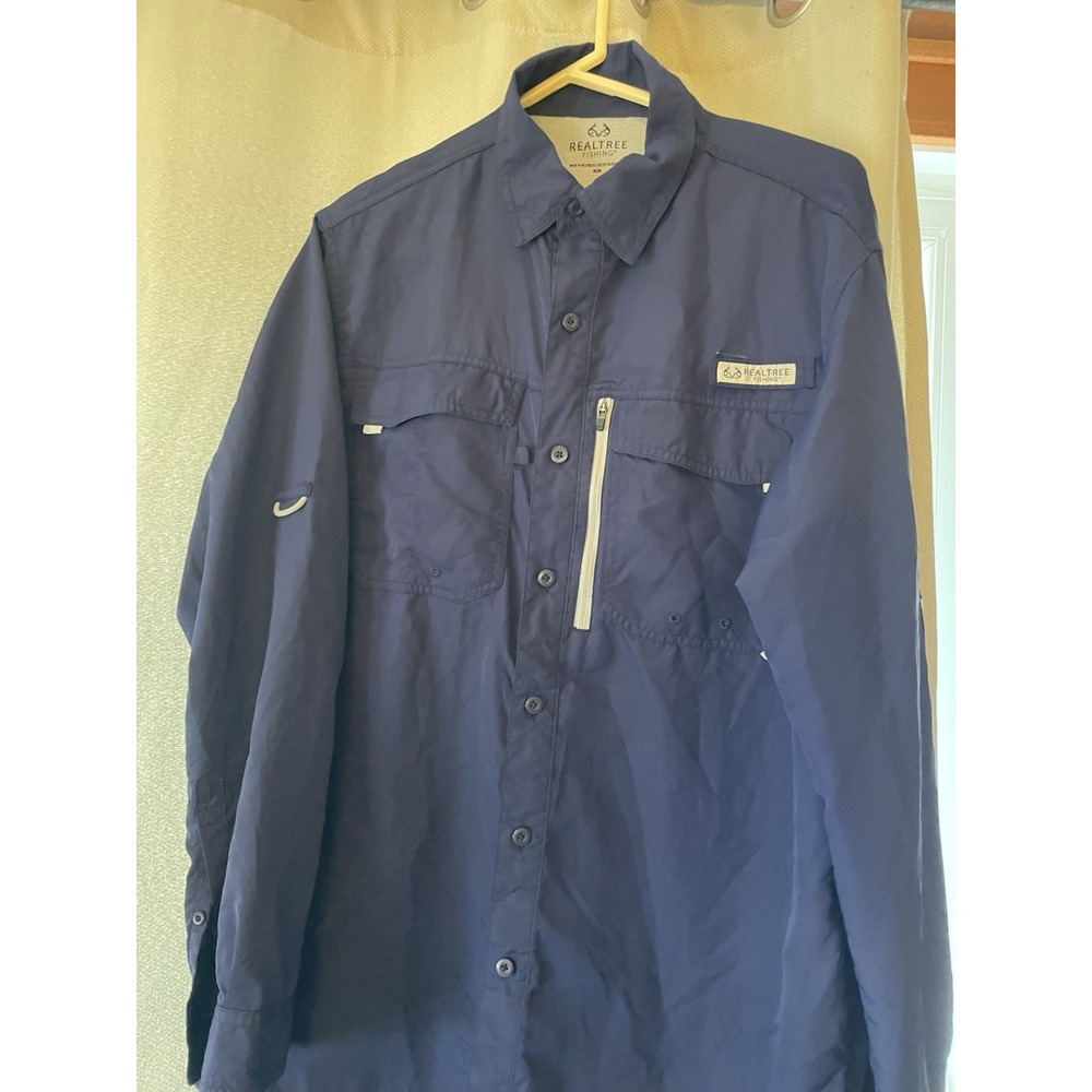 Mens Medium Real Tree Fishing Shirt Navy Long Sleeve